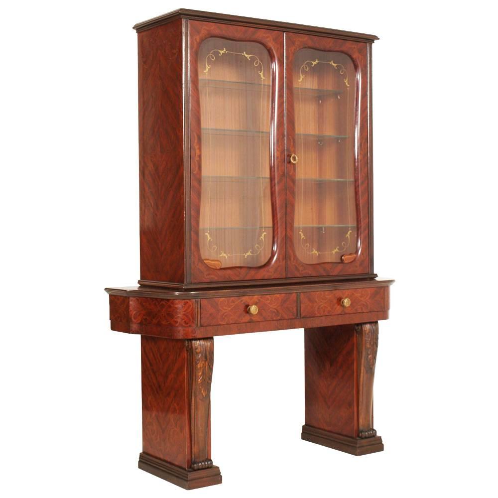 Console Vitrine, Mahogany and Walnut Inlaid and Carved Attributable Paolo Buffa For Sale