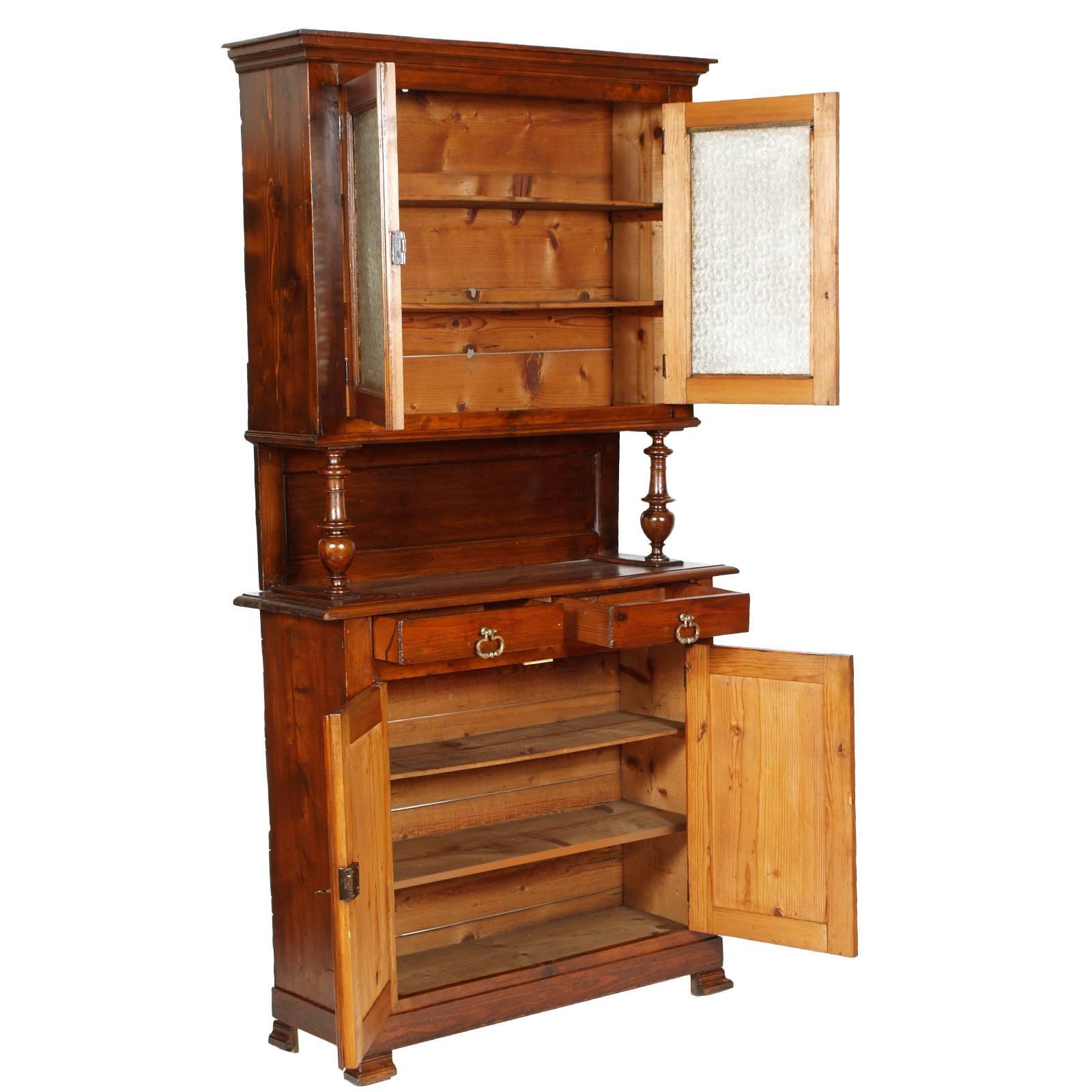 Last 19th century French Provençal vetrine cupboard all solid walnut and pine, restored and finished to shellac and wax

Measures cm: H 100 + 115 W 110 D 43.