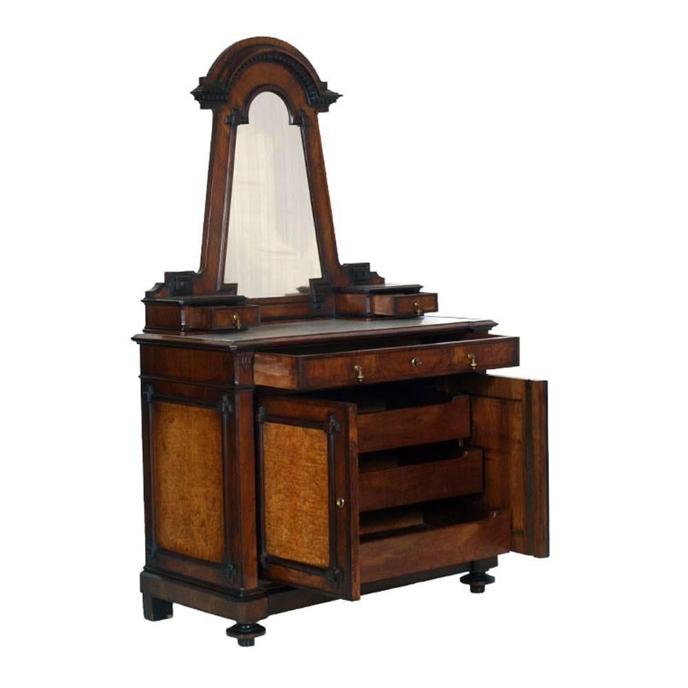 Monumental particular Italian Art Nouveau Dresser and nightstands in solid walnut, applied olm root and marble top. Restored and polished with wax.
We can sell separately the pieces.

Measures cm: 
Dresser H 102 + 108 W 126 D 61
Nightstands H 96 +
