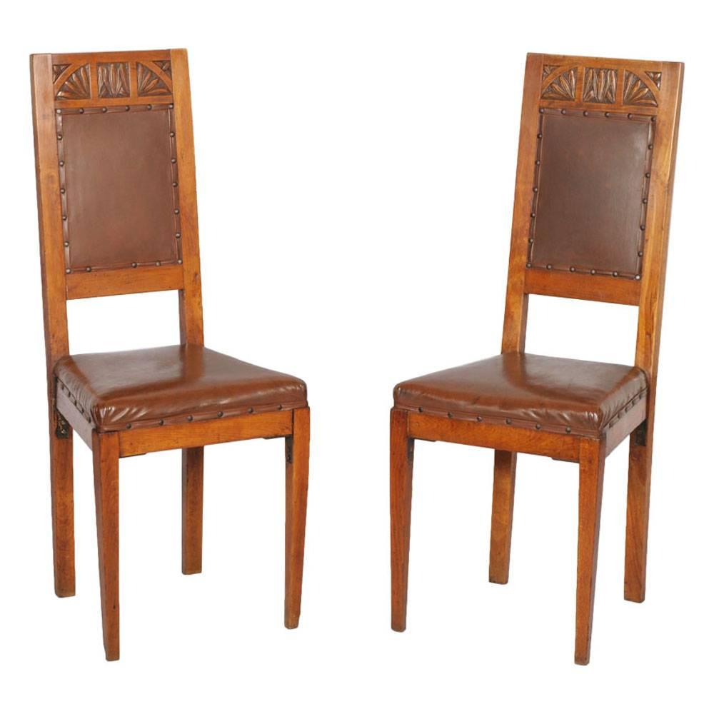 Pair Original Art Nouveau Chairs, Hand-Carved Blonde Cherry, Leather Upholstered
