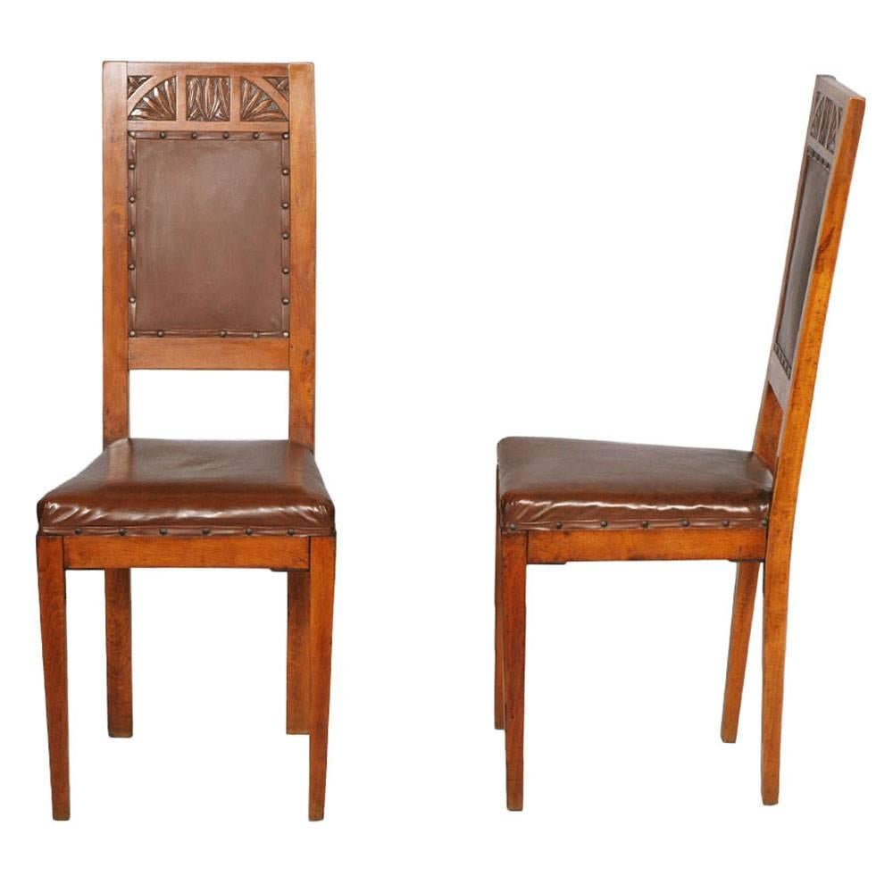 Early 20th century Italian pair chairs, Art Nouveau , solid hand-carved cherry and leather upholstered. Only strengthened the structure and polished to wax

Measure cm: H 108\50, W 42, D 45.