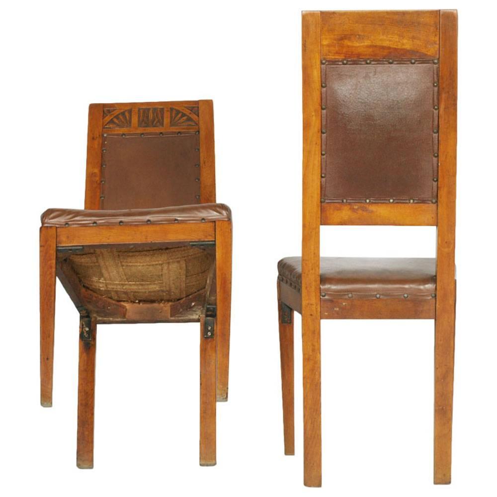 Italian Pair Original Art Nouveau Chairs, Hand-Carved Blonde Cherry, Leather Upholstered For Sale