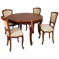 Revival Baroque Extendable Round Table with Four Chairs in Solid Carved Walnut