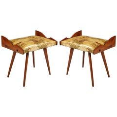 1950s, Pair of Stools, Walnut, Plasticized and Printed Fabric by Ico Parisi