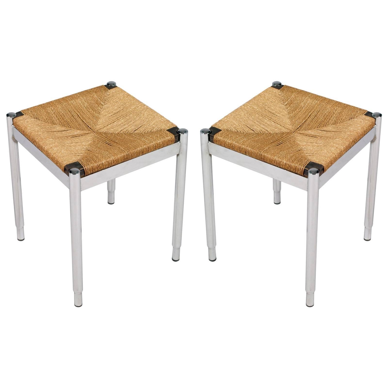 Pair Stools by Gio Ponti for Cassina attributed , Chromed Steel Straw and Wood For Sale