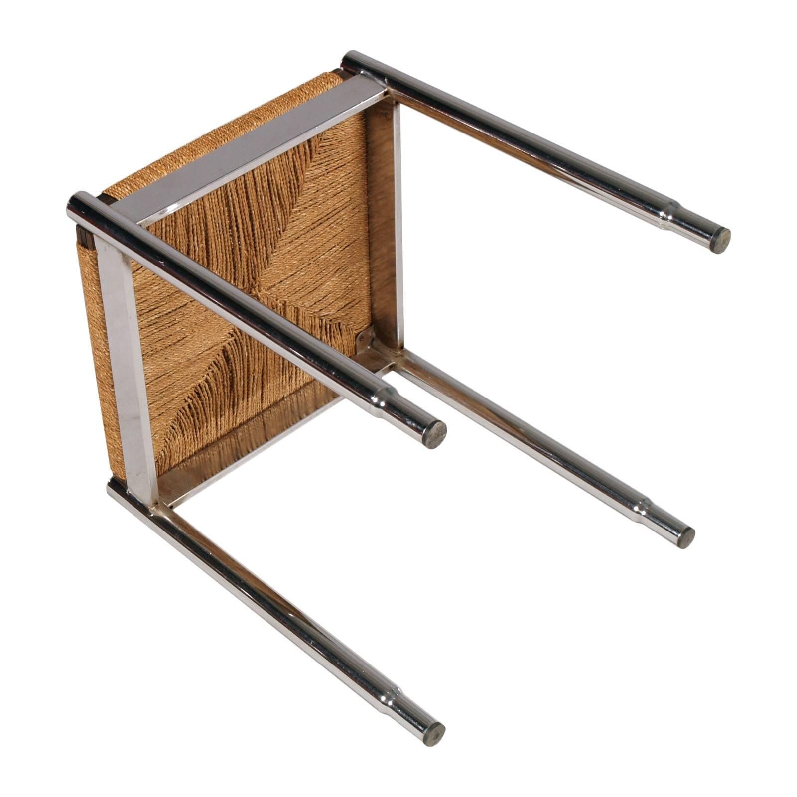 Italian Pair Stools by Gio Ponti for Cassina attributed , Chromed Steel Straw and Wood For Sale