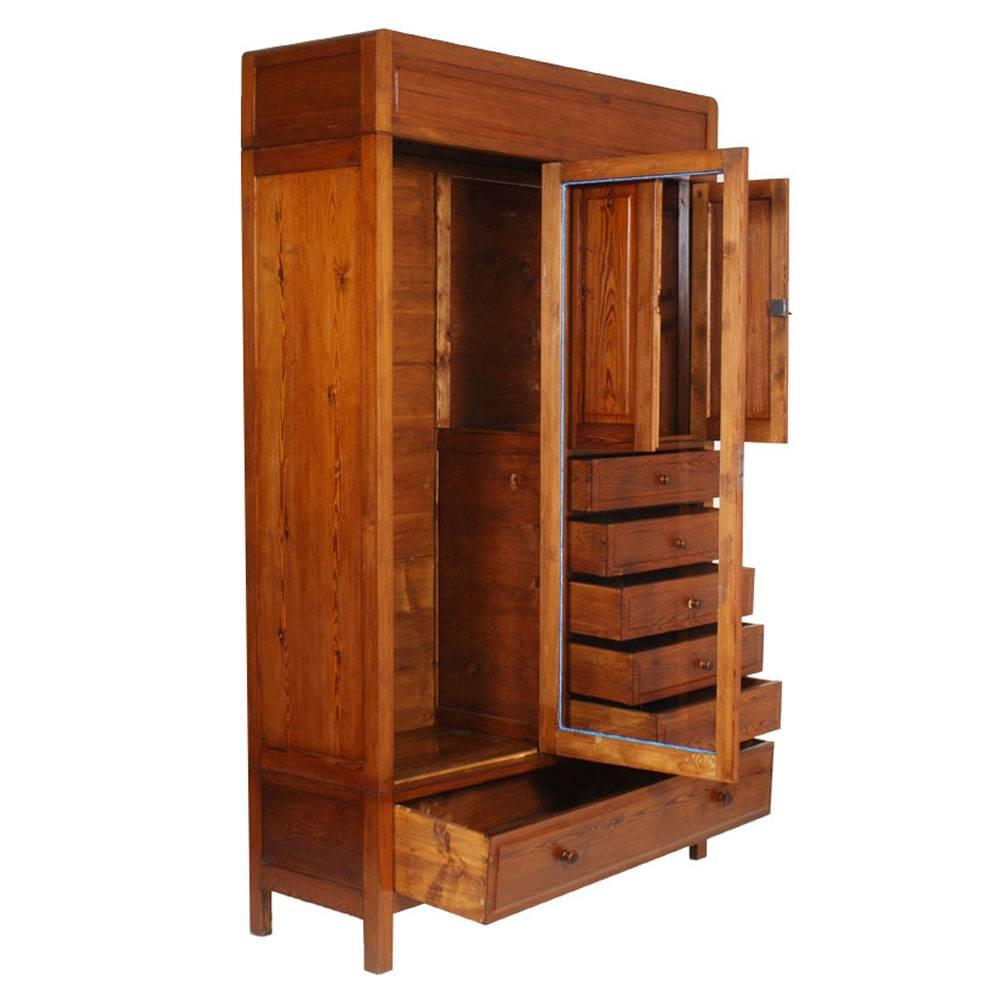 1920s Art Deco dresser country wardrobe, solid larch wood cabinet, restored, polished to wax.
This versatile cabinet can be used with transparent crystal part; we can add internal shelves, or we can replace the transparent crystal with a