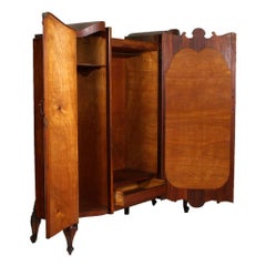 1910s Baroque Venetian Wardrobe with Mirror, Hand-Carved Walnut, Burl Walnut