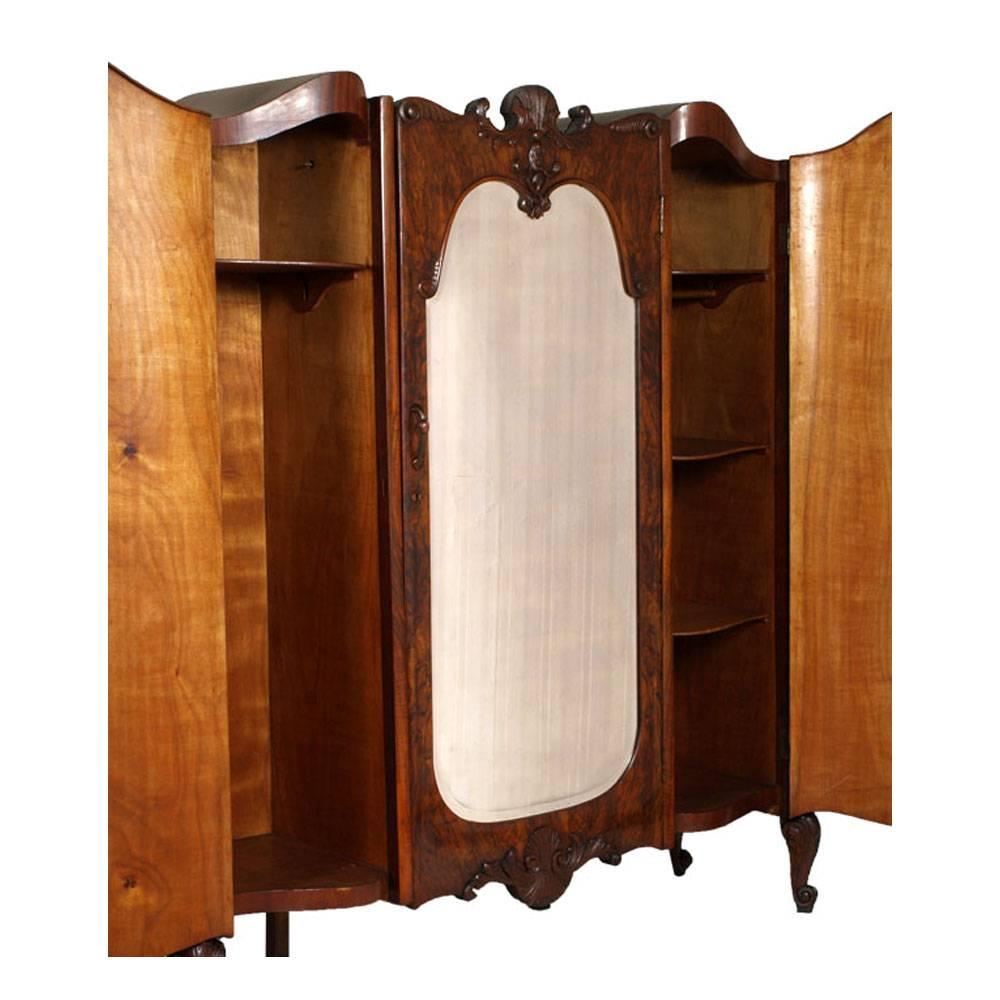 Baroque Revival 1910s Baroque Venetian Wardrobe with Mirror, Hand-Carved Walnut, Burl Walnut For Sale