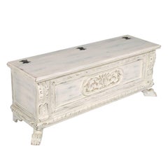 1920s Shabby Chic White Blanket Chest, Carved Wood, Painted Polished to Wax