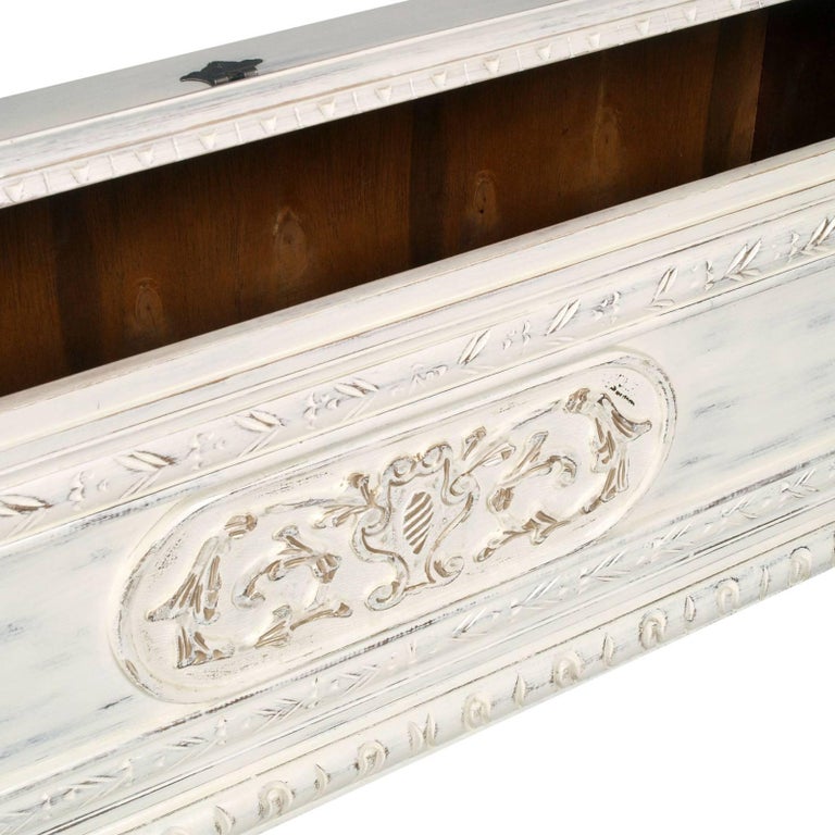 1920s Shabby Chic White Blanket Chest, Carved Wood, Painted Polished to