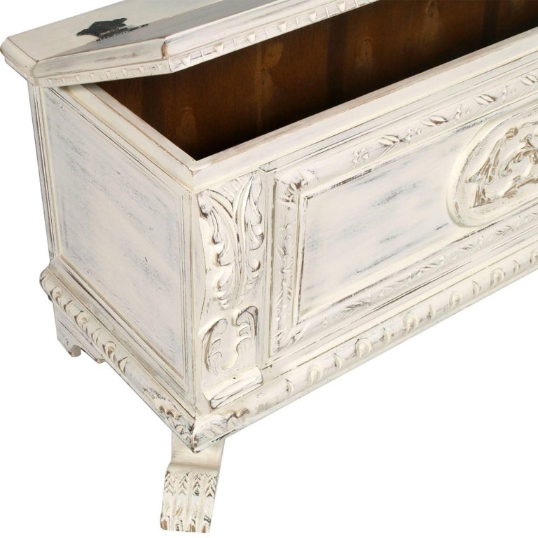 1920s Shabby Chic White Blanket Chest, Carved Wood, Painted Polished to