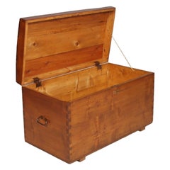 1850s Antique Country Traveling Trunk Chest in Solid Pine Wood Restored