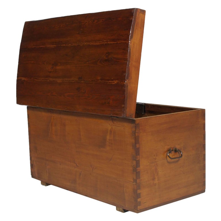 1850s Antique Country Traveling Trunk Chest in Solid Pine Wood Restored