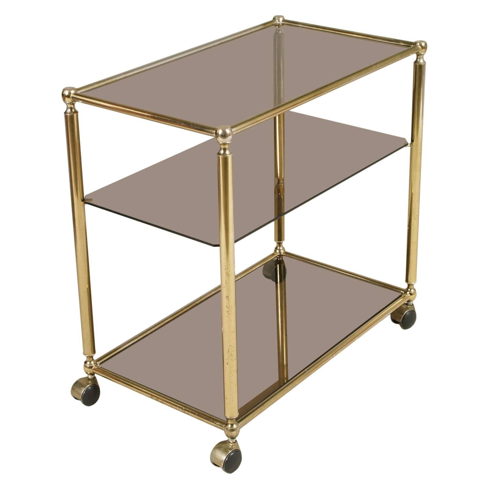 Mid-Century Modern Bar Cart in Brass with Three Shelves in Crystal Fumè