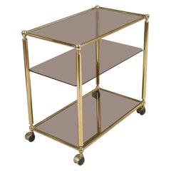 Mid-Century Modern Bar Cart in Brass with Three Shelves in Crystal Fumè