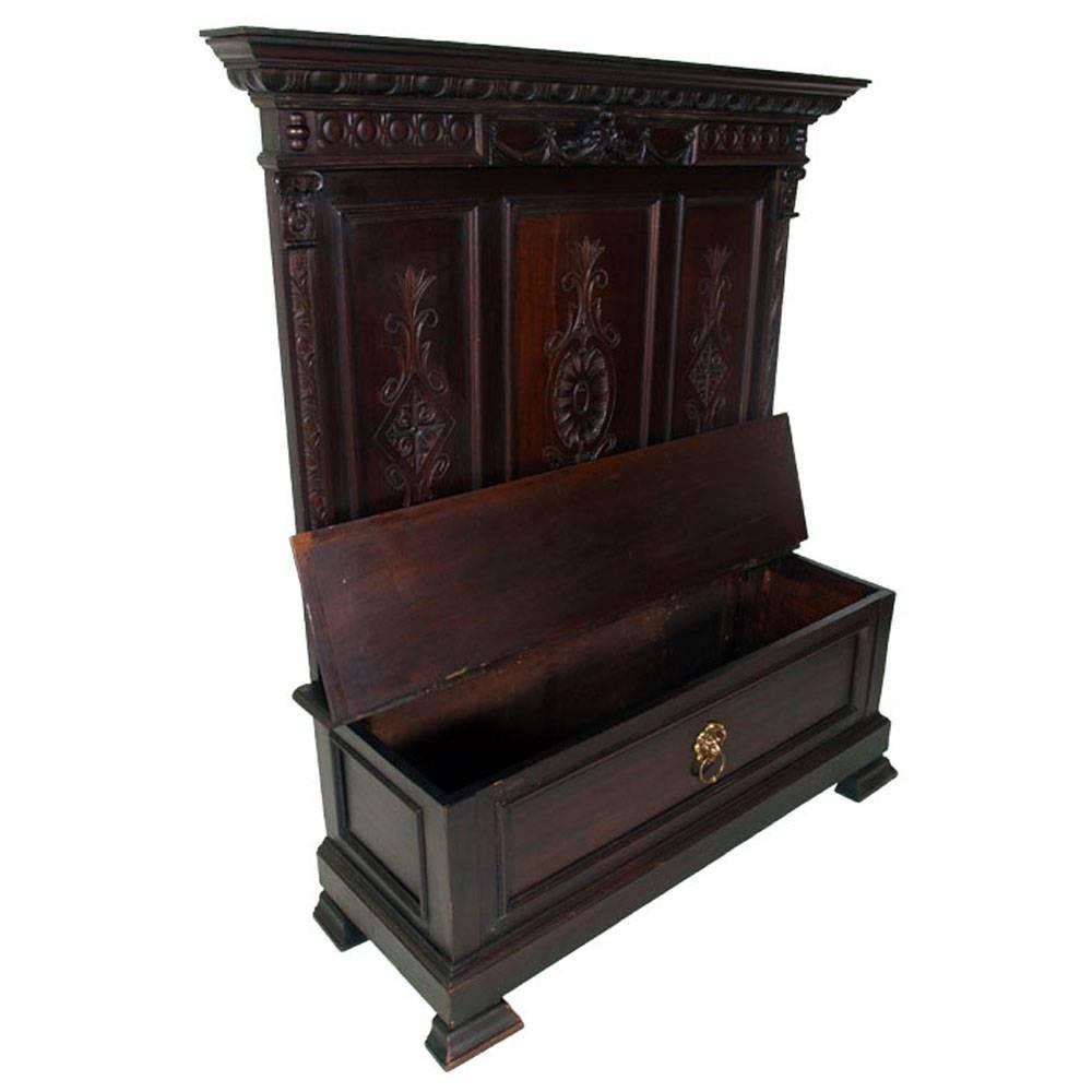 1890s Revival Renaissance Florentine bench chest in solid hand carved ebonized walnut , polished to wax

Measures cm: H 52\152 W 137 D 45\15.

HISTORY AND CURIOSITY ON THIS TYPE OF FURNITURE:
This type of furniture was born during the sixteenth