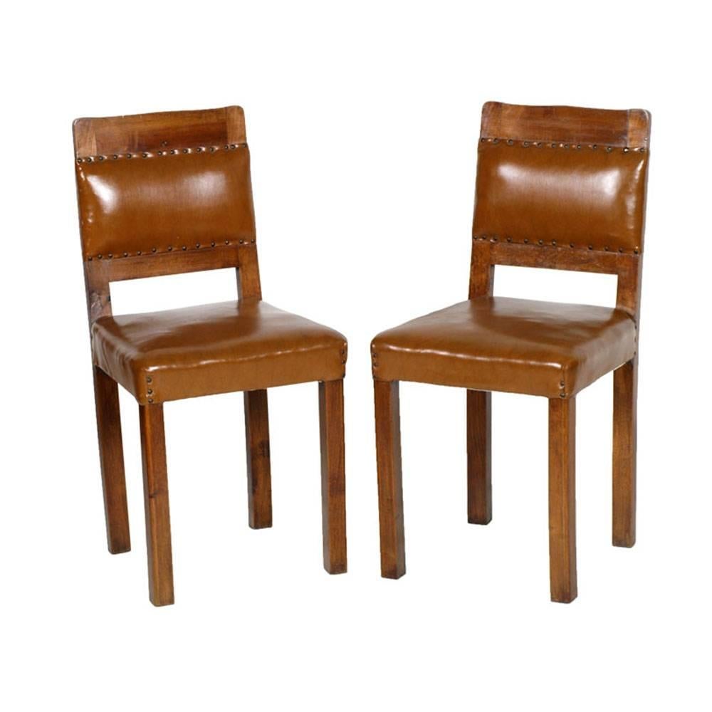 Art Deco Side Chairs, Solid Walnut with Original Leather Upholstery of the Time