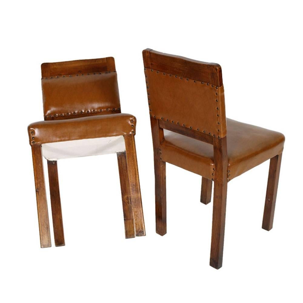 Italian Art Deco Side Chairs, Solid Walnut with Original Leather Upholstery of the Time For Sale