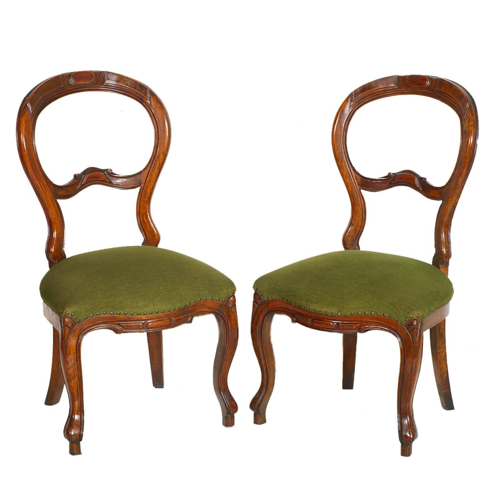 Pair of 19th Century Baroque Side Chairs, Hand-Carved Walnut, Velvet Upholstery