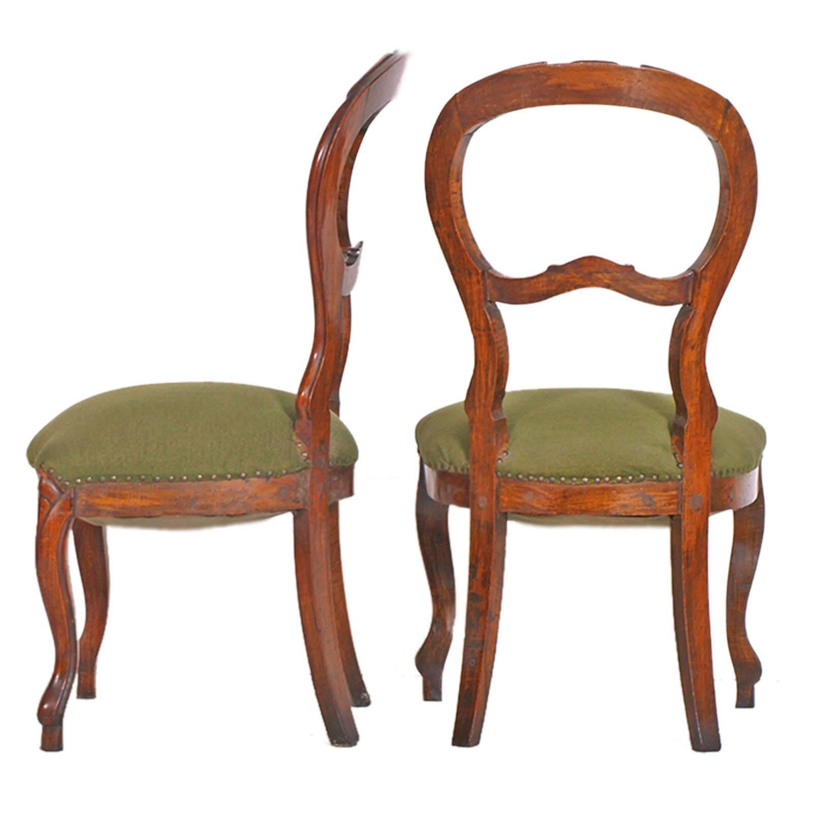 Italian Pair of 19th Century Baroque Side Chairs, Hand-Carved Walnut, Velvet Upholstery