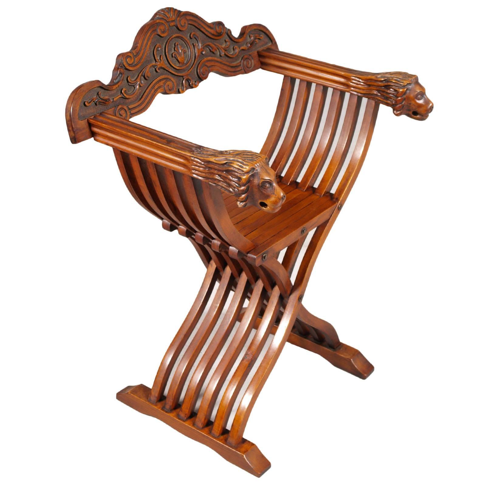 Florentine Savonarola Chair, all hand Carved Walnut Restored and Wax polished For Sale