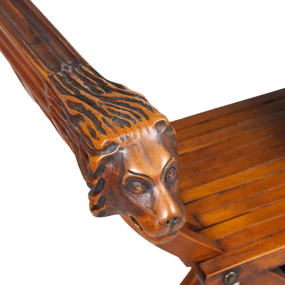 Renaissance Revival Florentine Savonarola Chair, all hand Carved Walnut Restored and Wax polished For Sale