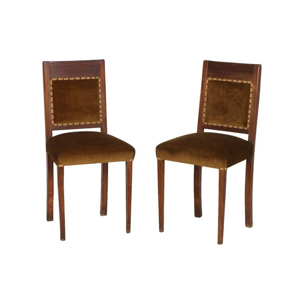Italian Art Deco Pair of Side Chairs in Walnut, Velvet Upholstery, Restored