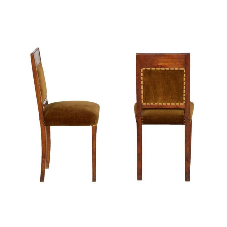 Italian Art Deco Pair Of Side Chairs In Walnut Velvet Upholstery Restored