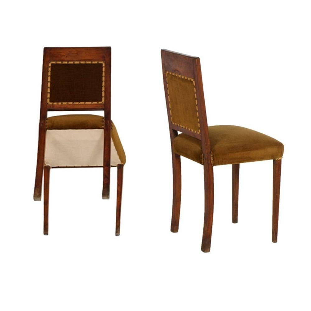 Italian Art Deco Pair of Side Chairs in Walnut, Velvet Upholstery, Restored In Good Condition In Vigonza, Padua