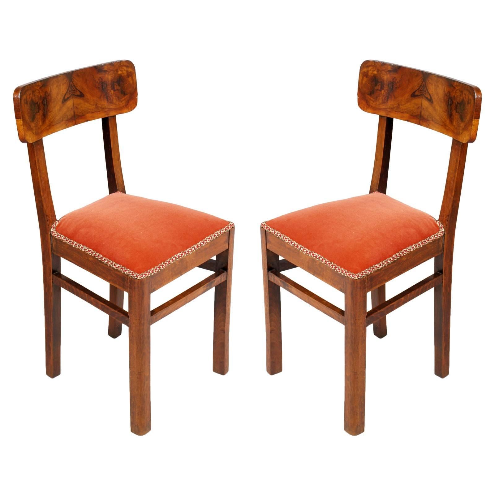 Pair of 1930s Art Deco Chairs in Walnut and Burl Walnut
