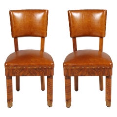 Art Deco Pair of Chairs in Burl Walnut and Leather Jules Leleu Attributed