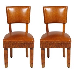 Art Deco Pair of Chairs in Burl Walnut and Leather Jules Leleu Attributed