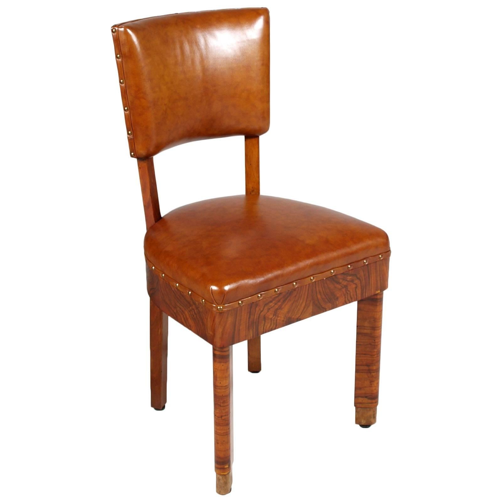 French Art Deco Pair of Chairs in Burl Walnut and Leather Jules Leleu Attributed