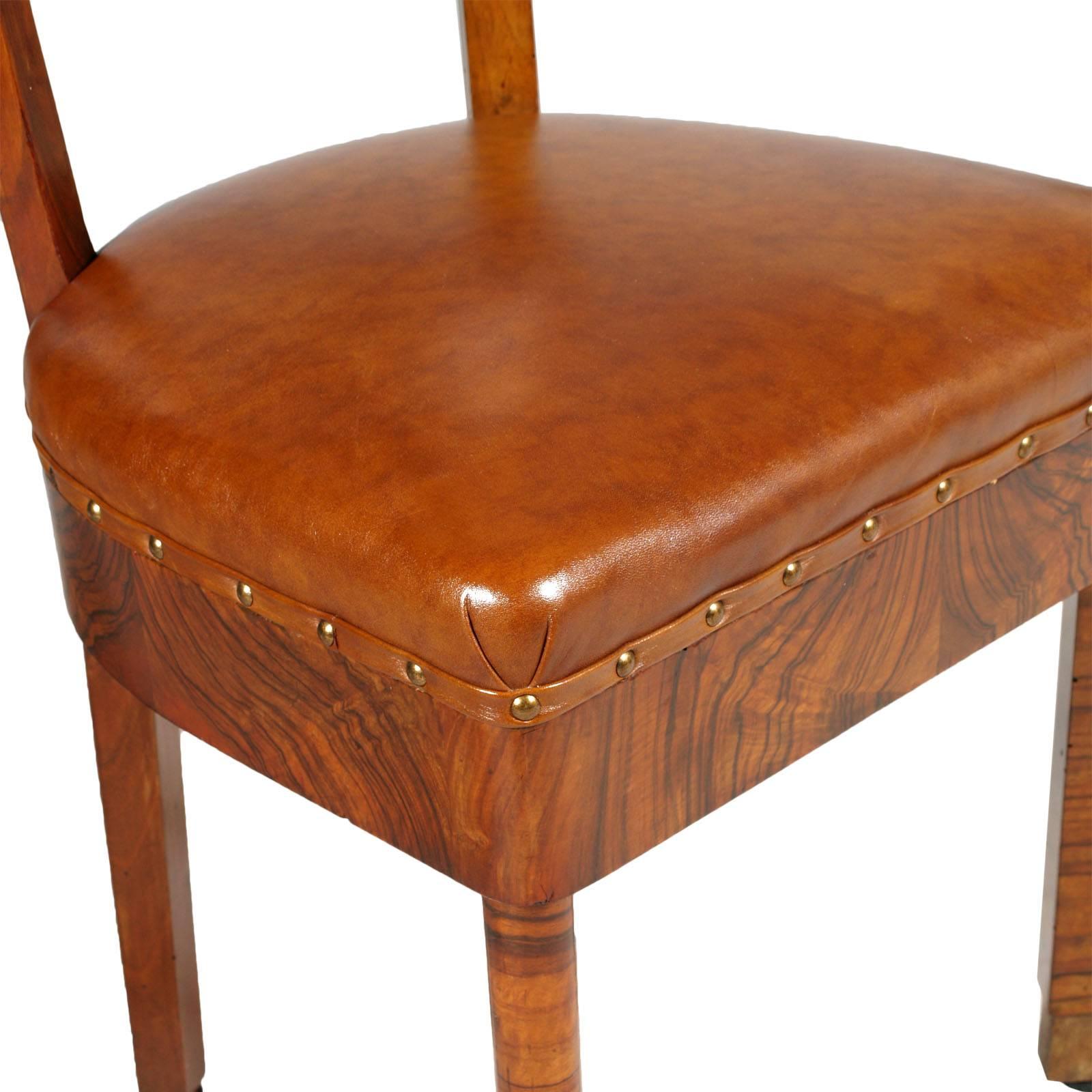 Art Deco Pair of Chairs in Burl Walnut and Leather Jules Leleu Attributed In Good Condition In Vigonza, Padua