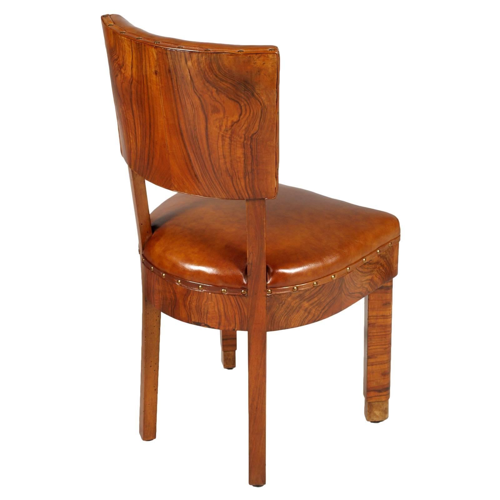 Early 20th Century Art Deco Pair of Chairs in Burl Walnut and Leather Jules Leleu Attributed