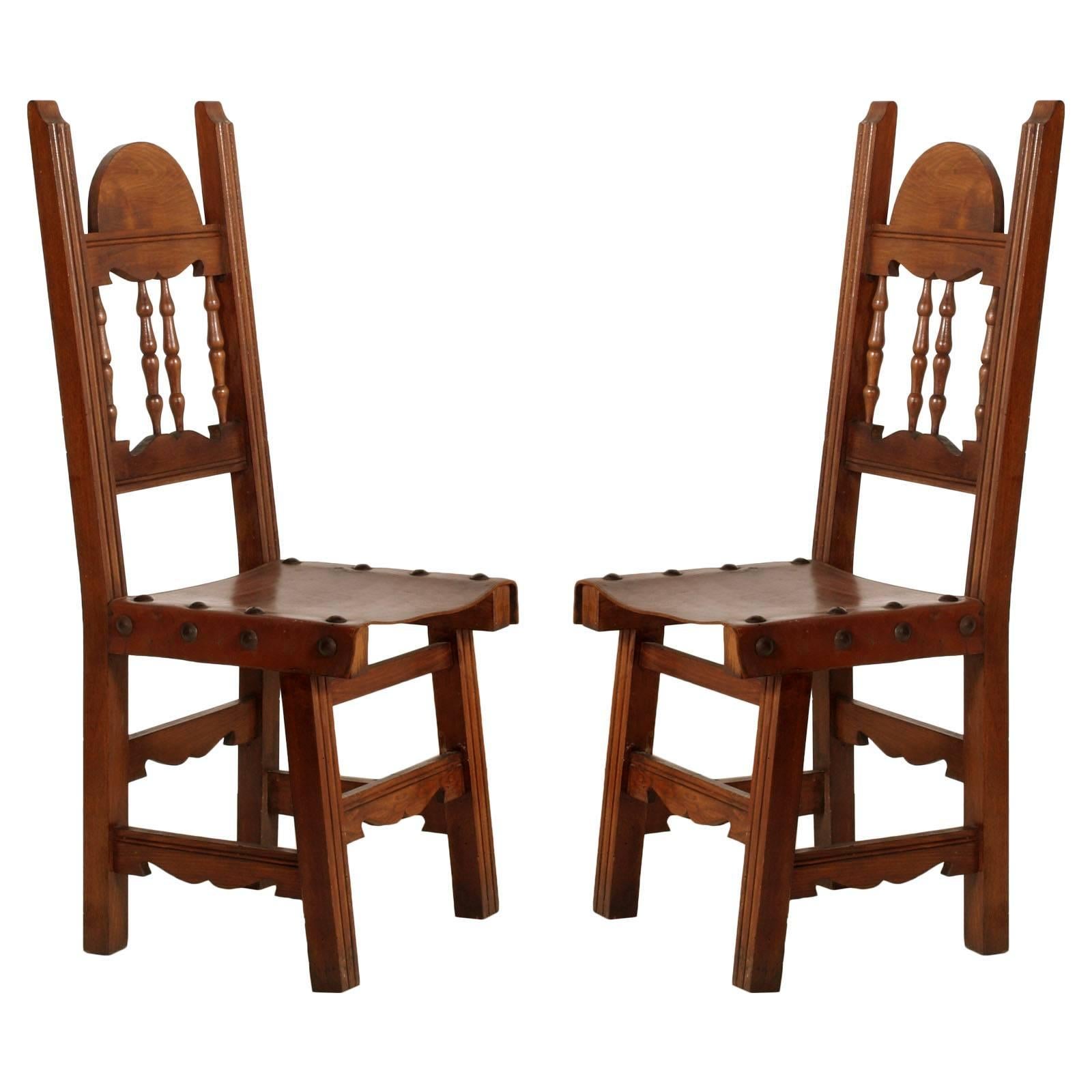 Early 20th C. Renaissance Couple Chairs in Solid Walnut and Leather , Restored