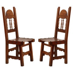 Early 20th C. Renaissance Couple Chairs in Solid Walnut and Leather , Restored