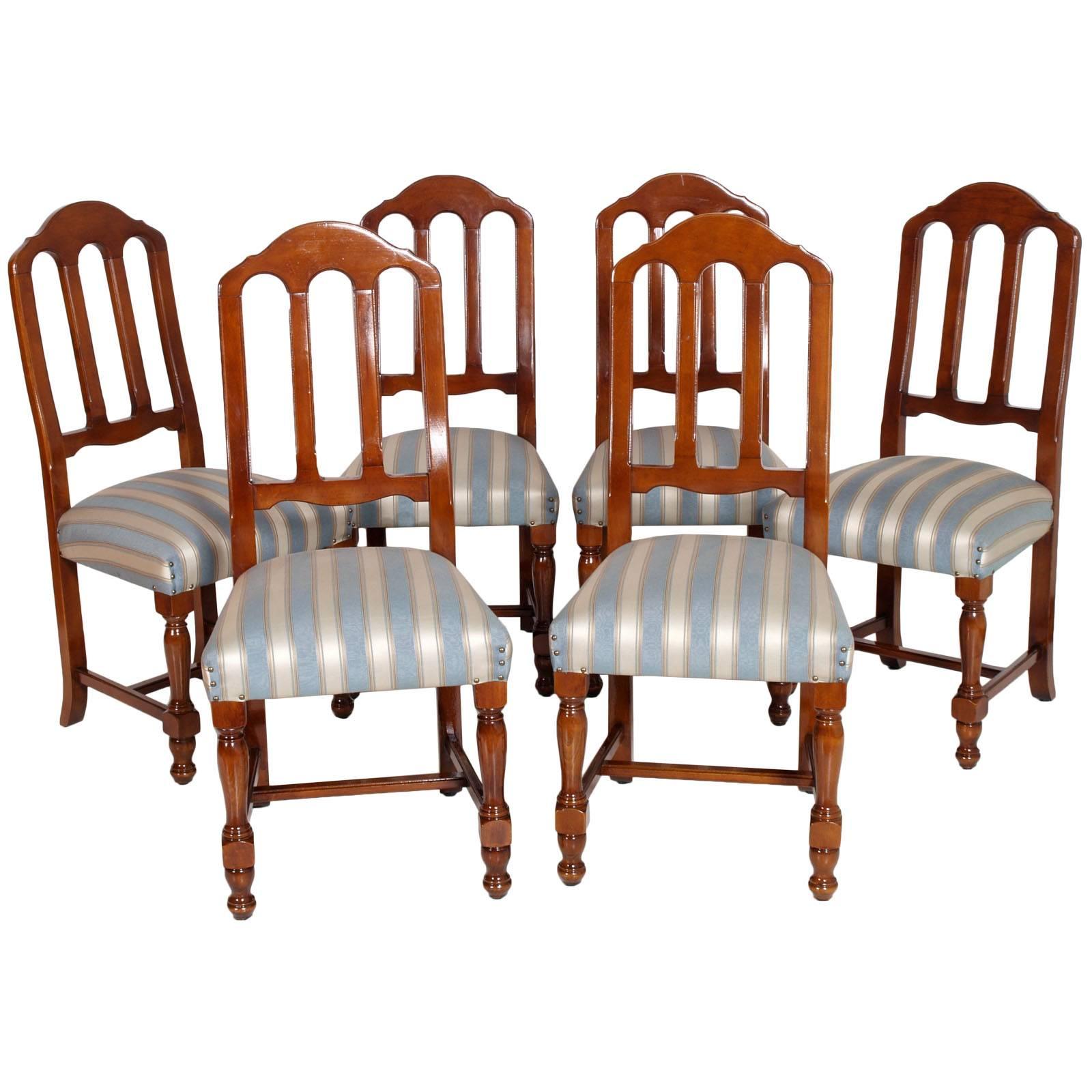 1920s Italian Six Dining Room Chairs Solid Walnut, Art Deco age, new upholstered For Sale