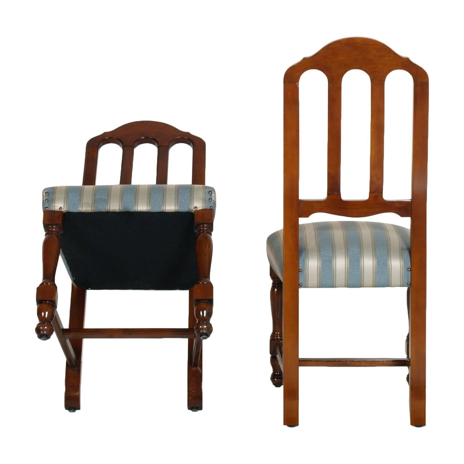 20th Century 1920s Italian Six Dining Room Chairs Solid Walnut, Art Deco age, new upholstered For Sale