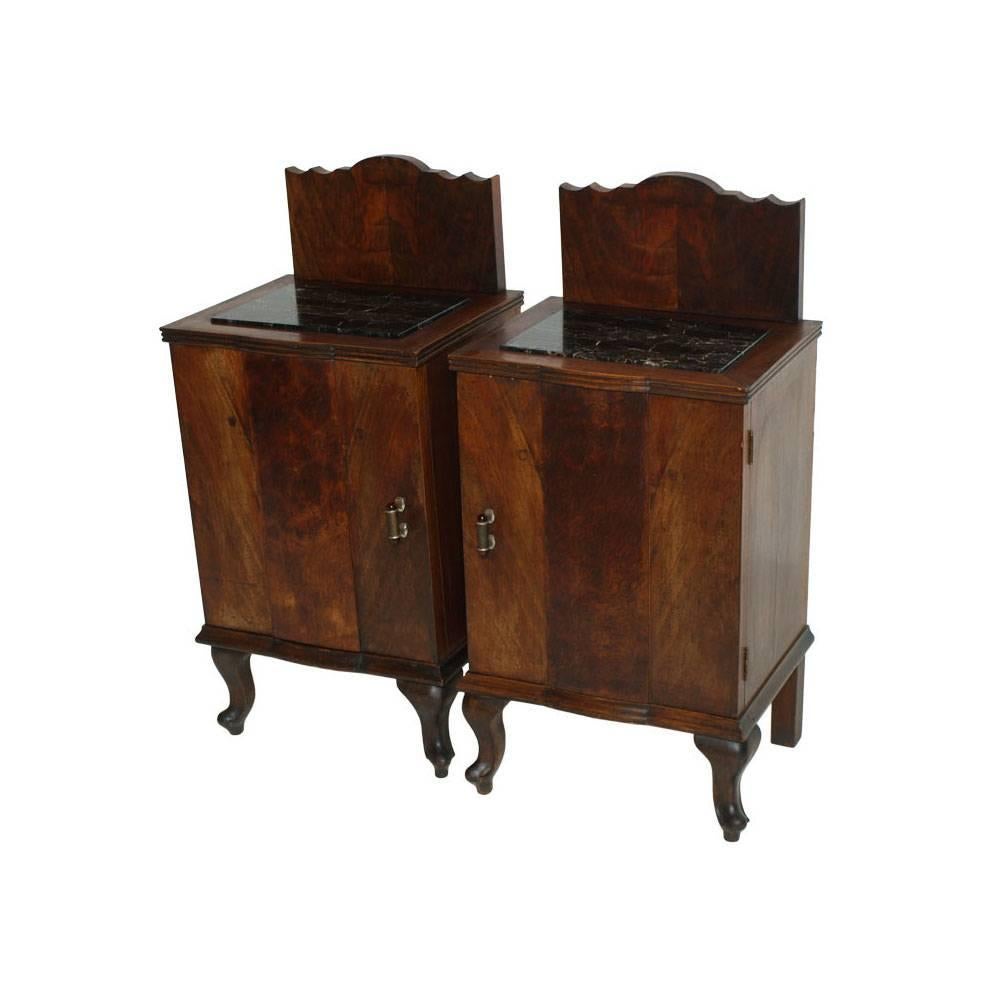 Early 19th Century Art Nouveau Pair of Nightstands in Walnut, Black Marble Top For Sale