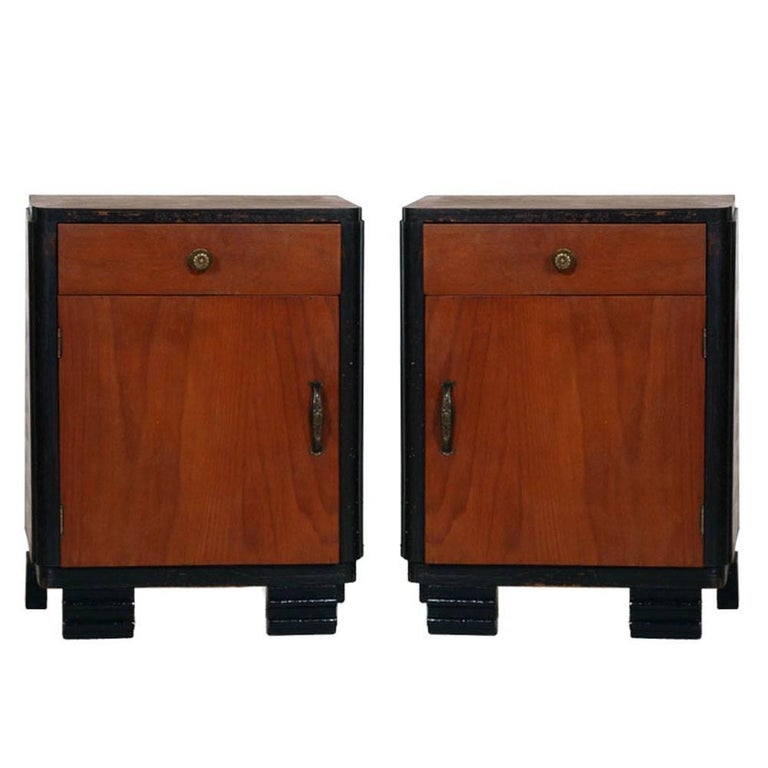 1920s Art Deco Bedside Table Nightstands, Ebonized Walnut, Walnut Slab