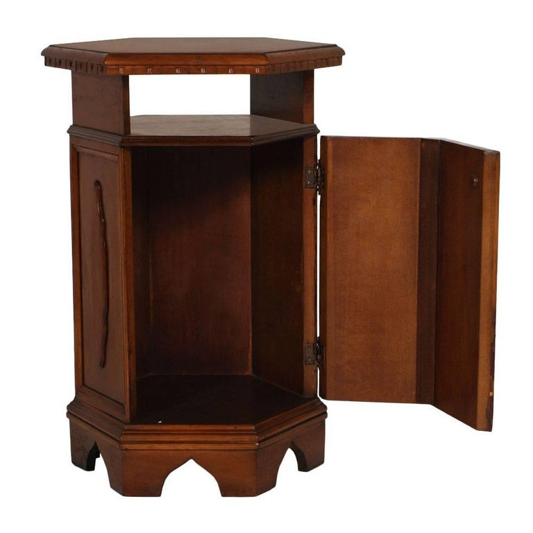 Hexagonal useful midcentury Tuscany Renaissance cabinet, bedside table, walnut polished to wax , by Michele Bonciani- Cascina-cabinetmaker
Measures cm: Height 68 x diameter 48.