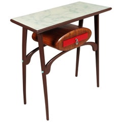Console Mid-Century Modern Carlo Mollino Style, Wood Lacquered, Top Crystal