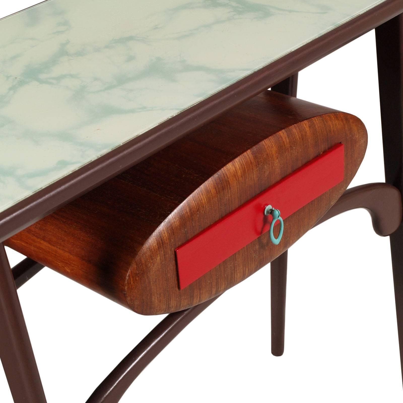 Console Mid-Century Modern Carlo Mollino style, wood lacquered, top crystal decorated marble, with dresser
Elliptical central container of wax-polished walnut

Measures cm: H 82 x W 90 x D 36

About Carlo Mollino
Carlo Mollino was a Master of