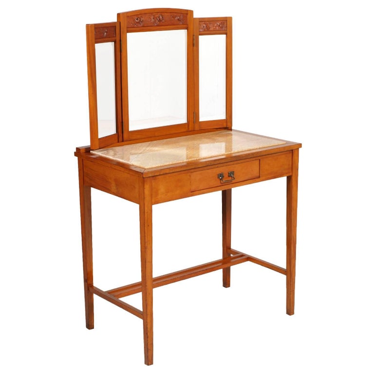 Art Nouveau Vanity Desk With Mirror Carved Cherry Wood Marble