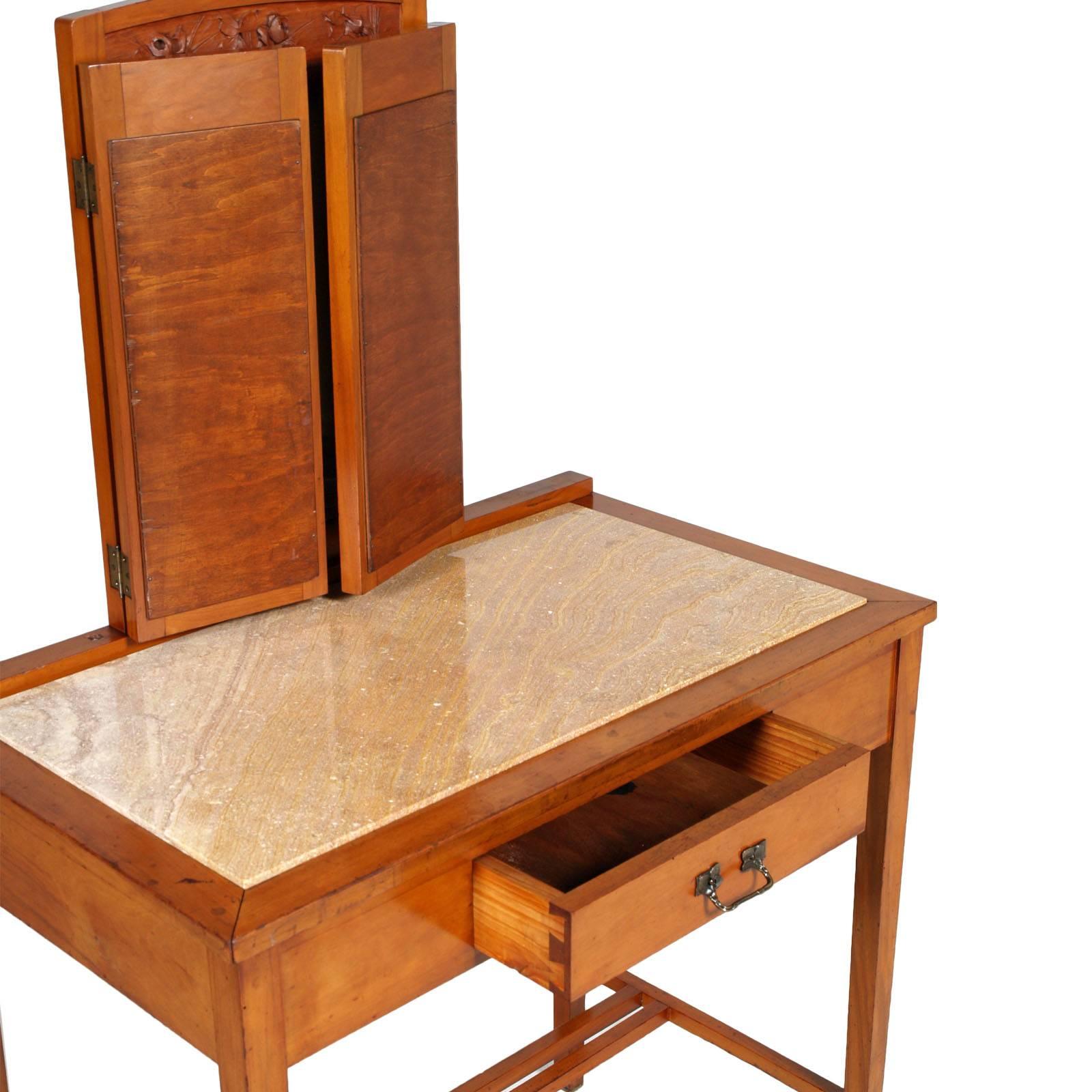 Art nouveau Bureau de coiffeuse Art Nouveau avec miroir, bois de cerisier sculpté, plateau en marbre avec chaise en vente