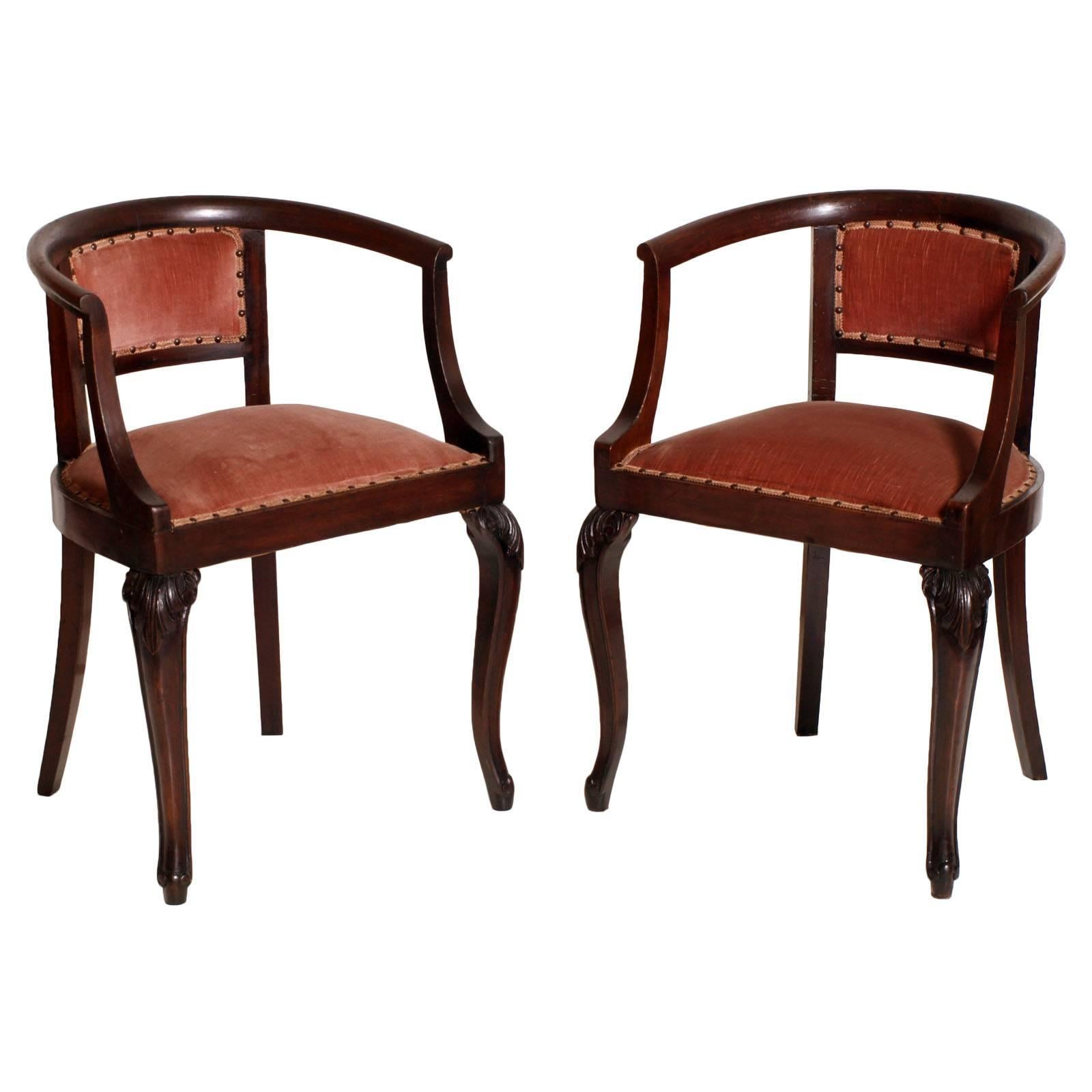 1910s Art Nouveau Pair of Pozzeto Chairs, Hand-Carved Walnut, Original Fabric