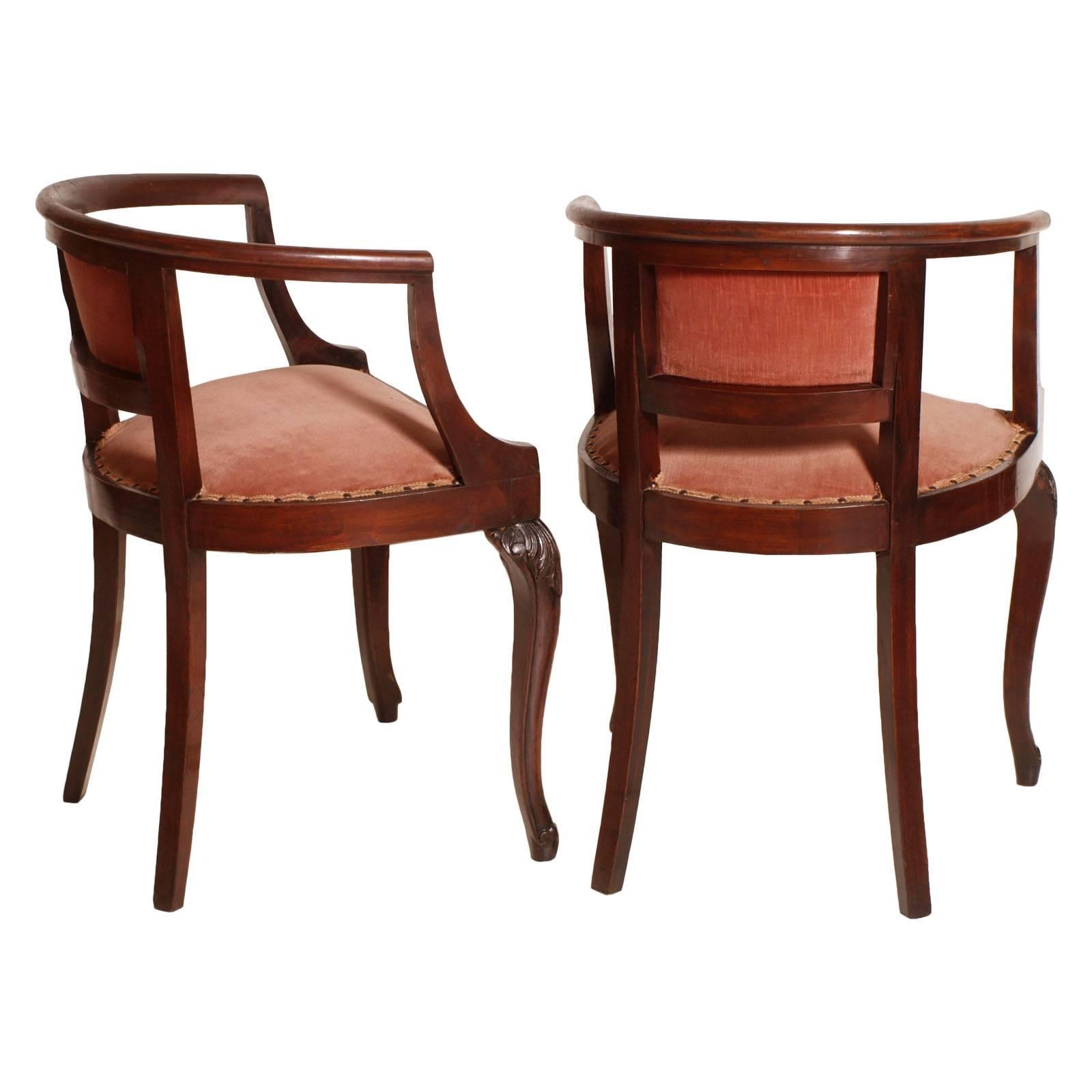 Italian 1910s Art Nouveau Pair of Pozzeto Chairs, Hand-Carved Walnut, Original Fabric