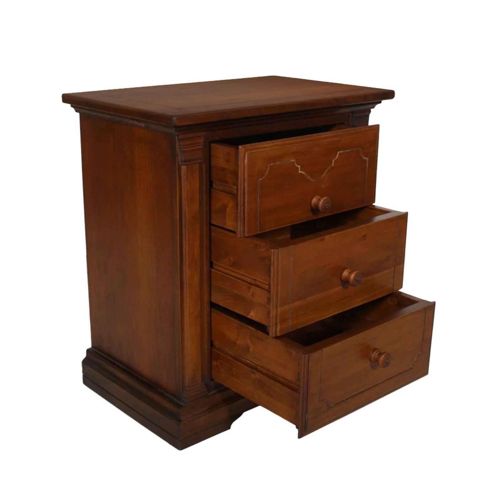Early 20th century neoclassic small chest of drawers, cabinet, nightstand with drawers decorated in relief in massive walnut,  polished to wax

Measure cm: H 62 x W 57 x D 37.